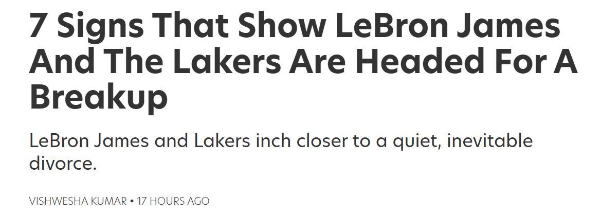 詹姆斯离队倒计时?美媒晒7大分手迹象:湖人态度冷漠+东契奇优先